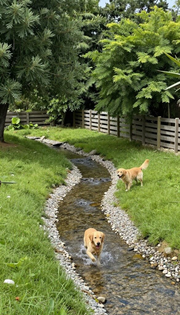 Dog playing in a shallow backyard stream with pebbles and greenery