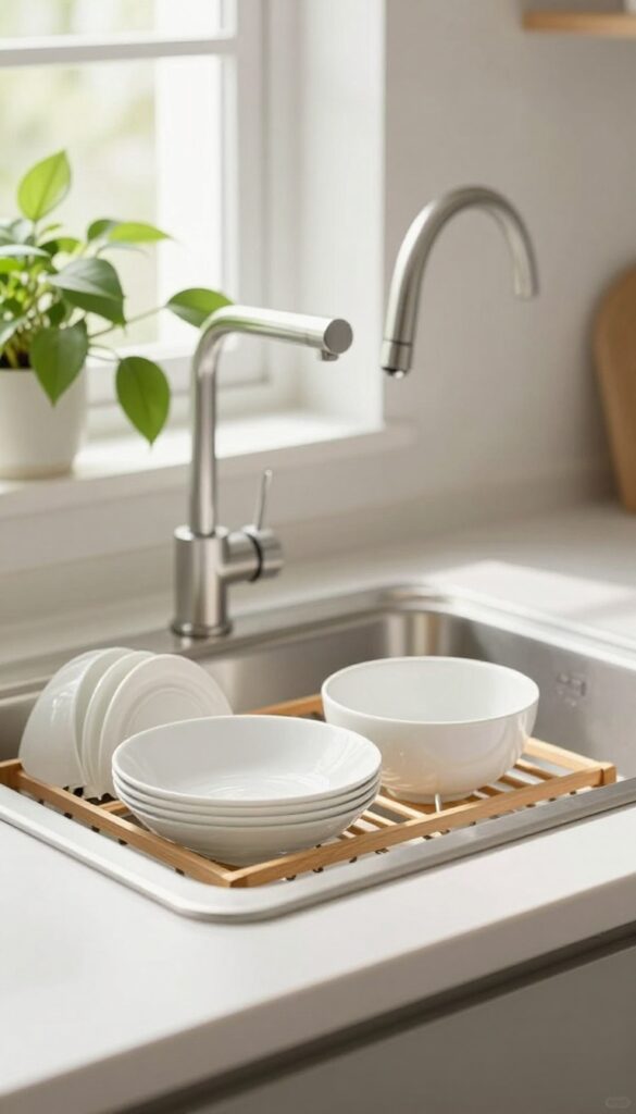 Clean kitchen sink with dishes drying and a plant by the window