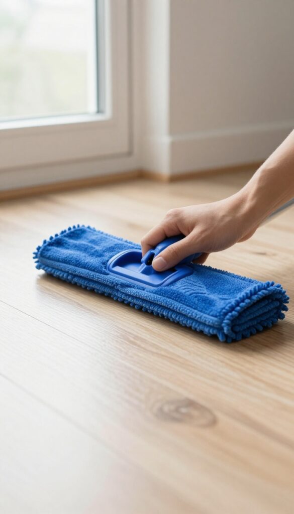 Person holding a microfiber mop on a shiny laminate floor with natural light and a second dry mop head in background