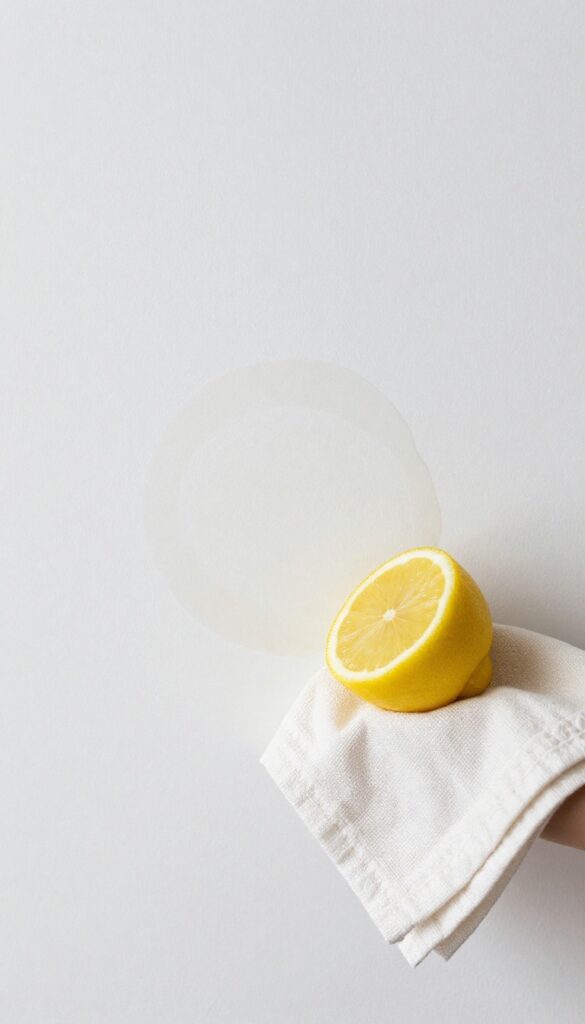Cleaning a water stain on a white wall with lemon juice and a cloth