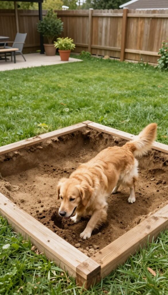 Dog digging in a designated digging pit in a sunny backyard