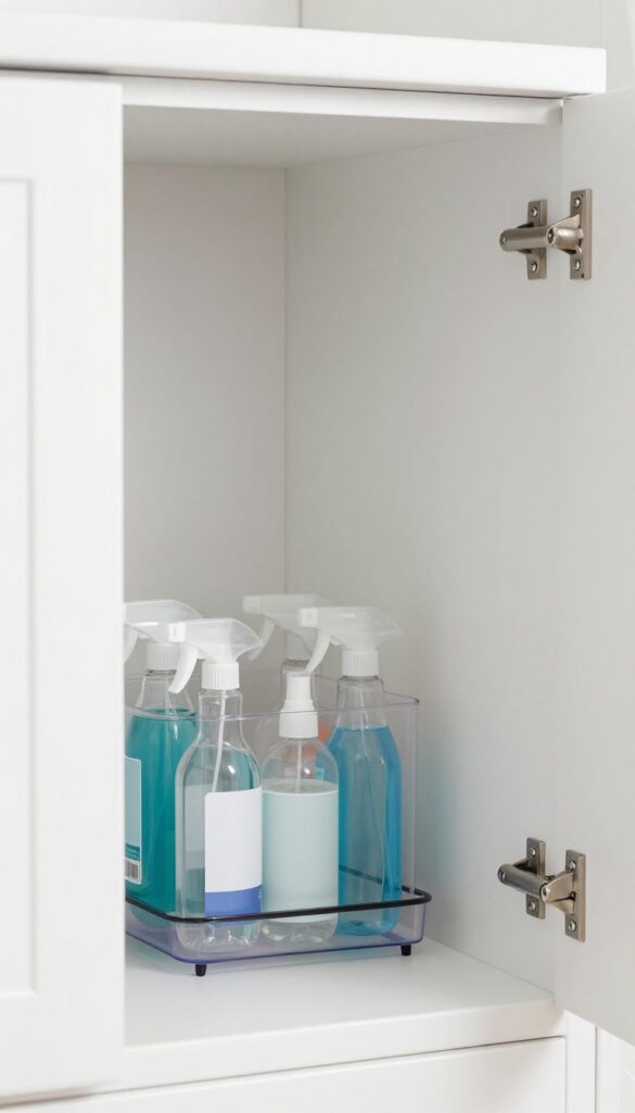 Shower caddy hanging on inside of cupboard door holding tall spray bottles upright