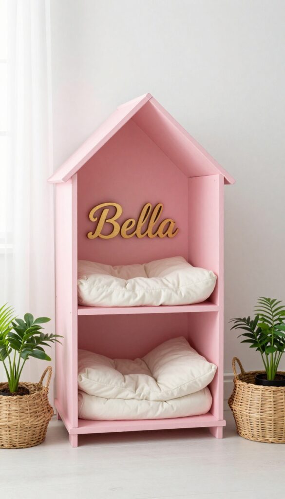 Pink dog crate with custom name sign in gold lettering, styled as a decorative pet corner in a bright room.