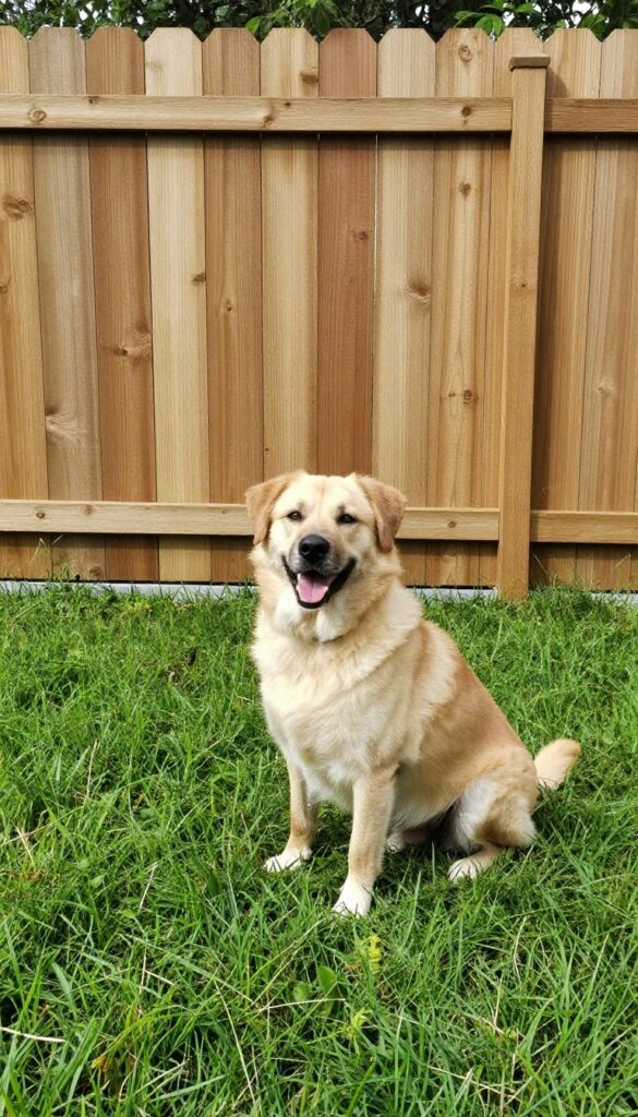 Dog-friendly backyard with a tall, escape-proof wooden fence and dig barrier, bright natural light.