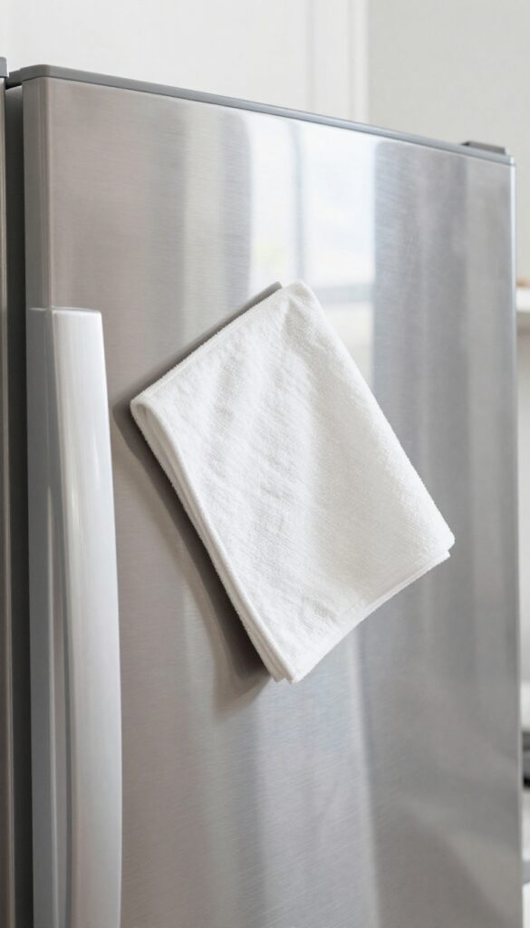 Cleaning stainless steel refrigerator with vinegar and water spray, wiping with microfiber cloth, streak-free finish, bright natural light, kitchen setting.