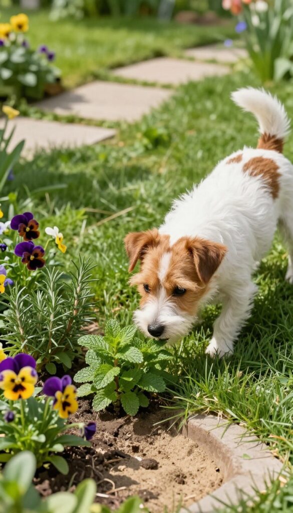 Small dog sniffing herbs in a sensory garden run with stone path and digging pit