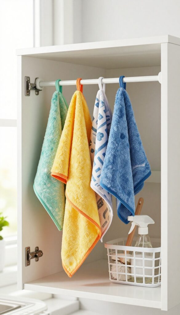 Microfiber cloths hanging on a tension rod inside a cabinet door with cleaning supplies stored below.
