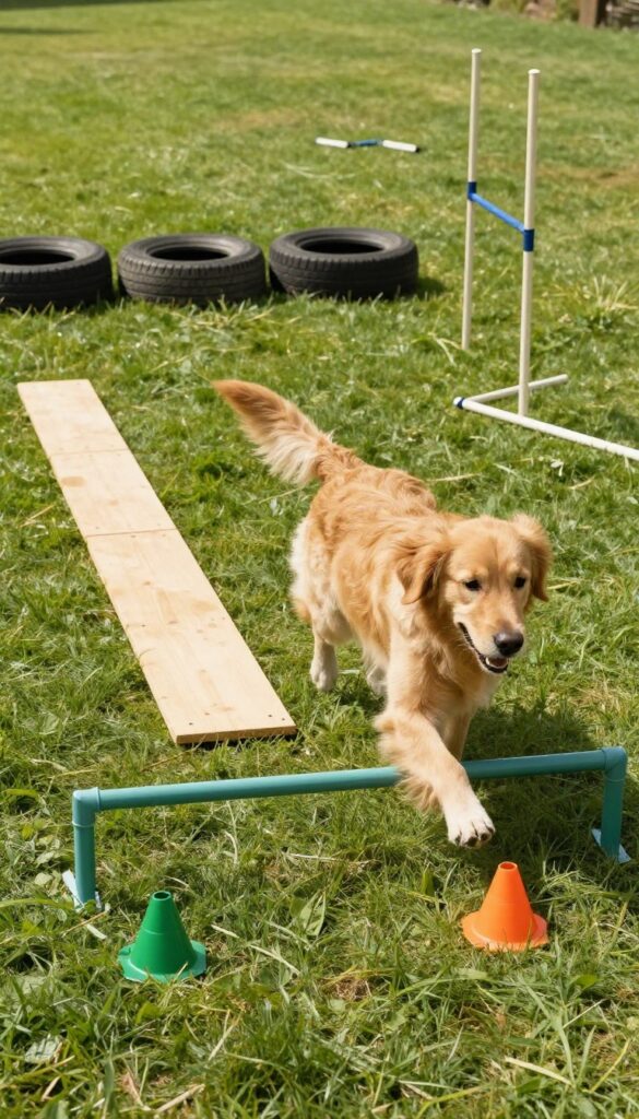 Dog jumping over a low hurdle in a backyard obstacle course with tires, balance beam, and weave poles