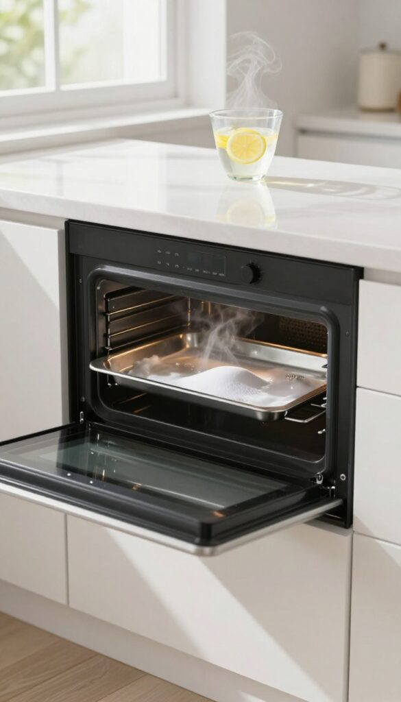 Deep cleaning oven with baking soda paste and microwave with lemon steam