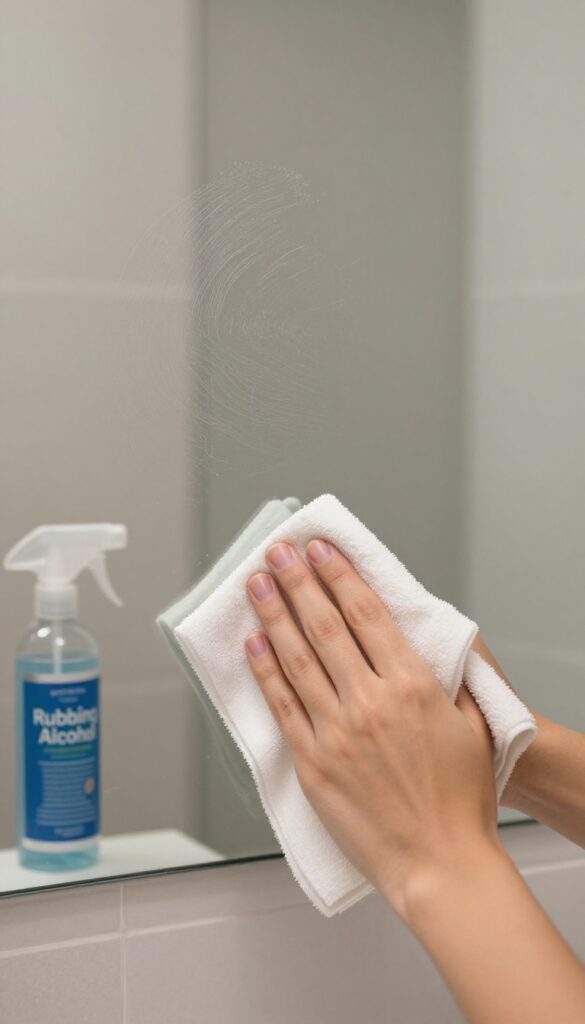 Cleaning a bathroom mirror with rubbing alcohol solution and microfiber cloth to remove stubborn smudges