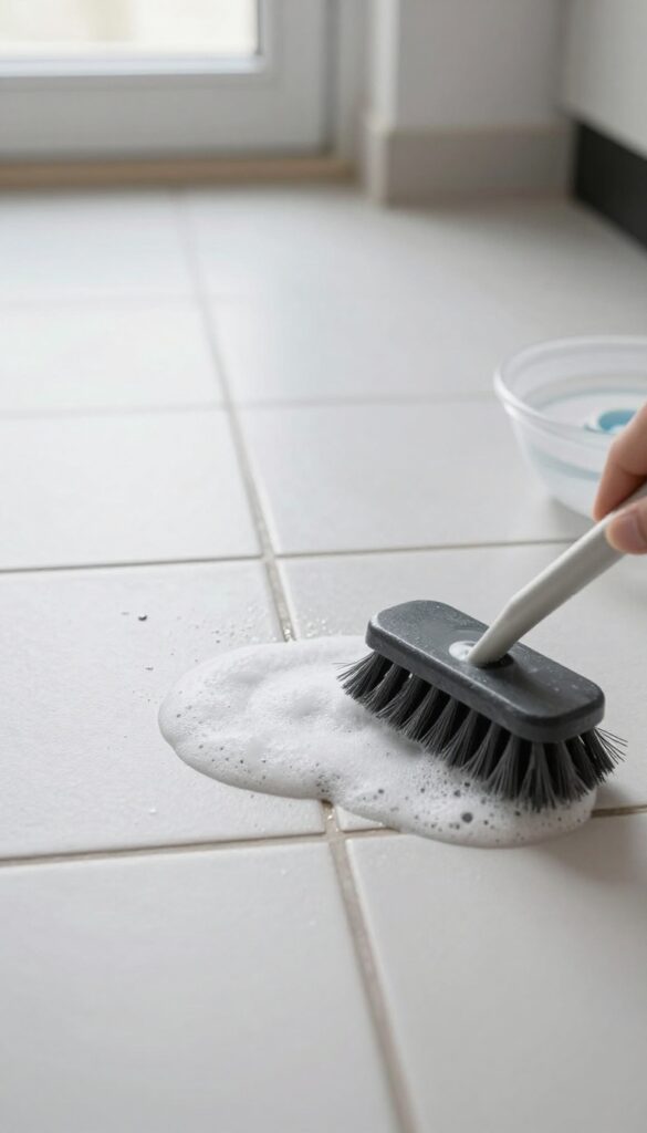 Scrubbing grout with dishwasher tablet solution on kitchen floor