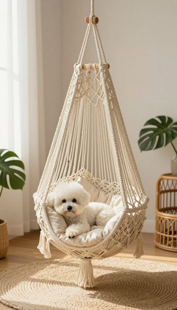 Macrame hanging dog bed in a sunny boho corner with a small dog resting inside