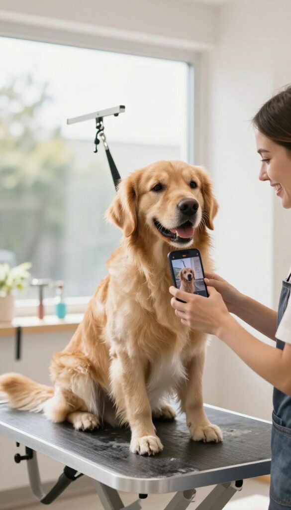 Happy freshly groomed golden retriever on grooming table with owner recording video testimonial on smartphone, bright natural light, dog grooming salon background