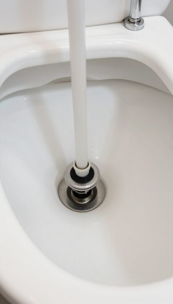 Inside a clean toilet tank showing flapper, fill valve, and flush valve components