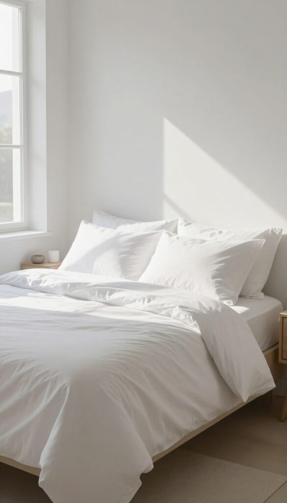 A neatly made bed in a bright, clean bedroom with natural light, creating a calm and orderly atmosphere.