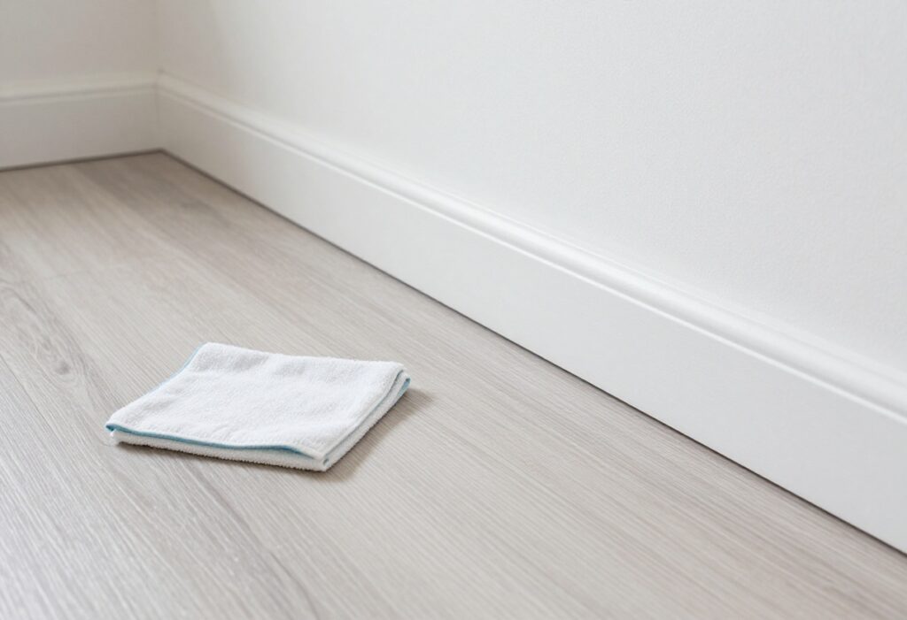 Clean white baseboards with a microfiber cloth nearby in a bright room