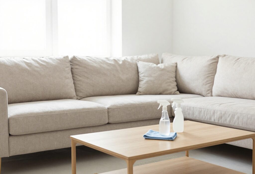 Clean beige fabric sofa in a bright living room with cleaning supplies on coffee table