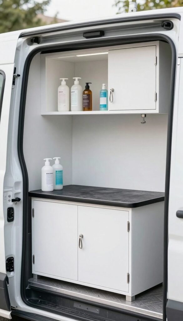 Overhead cabinets with secure latches in a dog grooming van, storing shampoo and supplies above a grooming table.