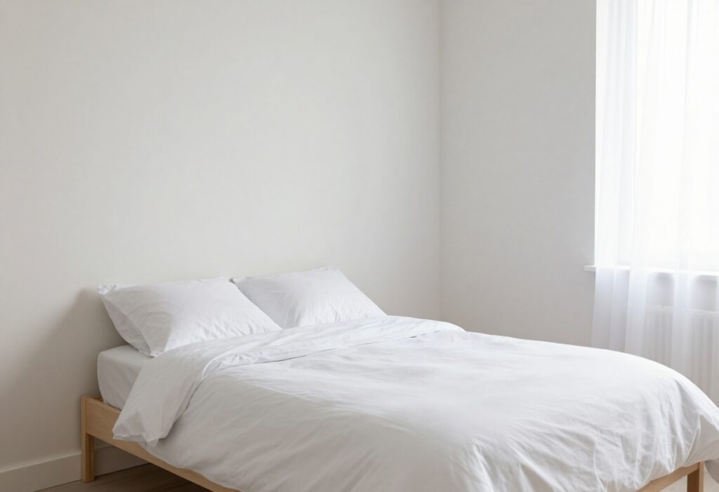 A clean and organized bedroom with a made bed and tidy surfaces
