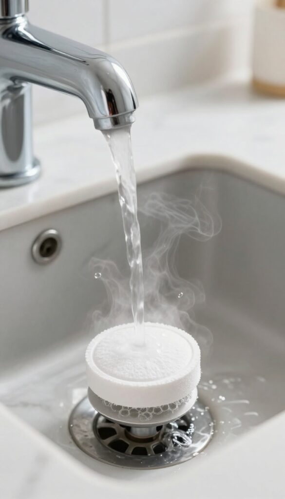 Dishwasher tablet in bathroom sink drain being flushed with boiling water