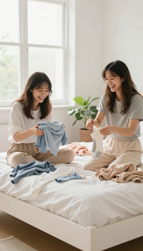 Two friends cleaning a room together, laughing and folding laundry in a bright, organized bedroom