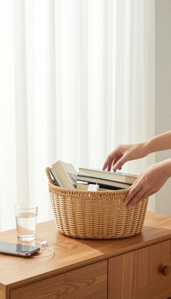 Hands quickly clearing clutter from a dresser into a laundry basket in a bright bedroom