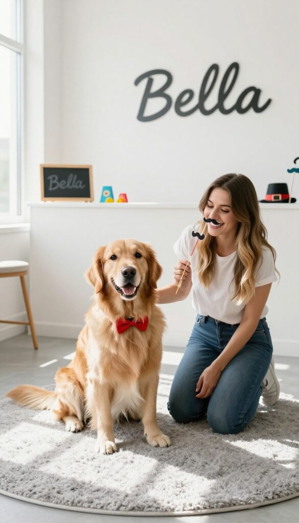 Dog grooming photo booth with golden retriever and owner