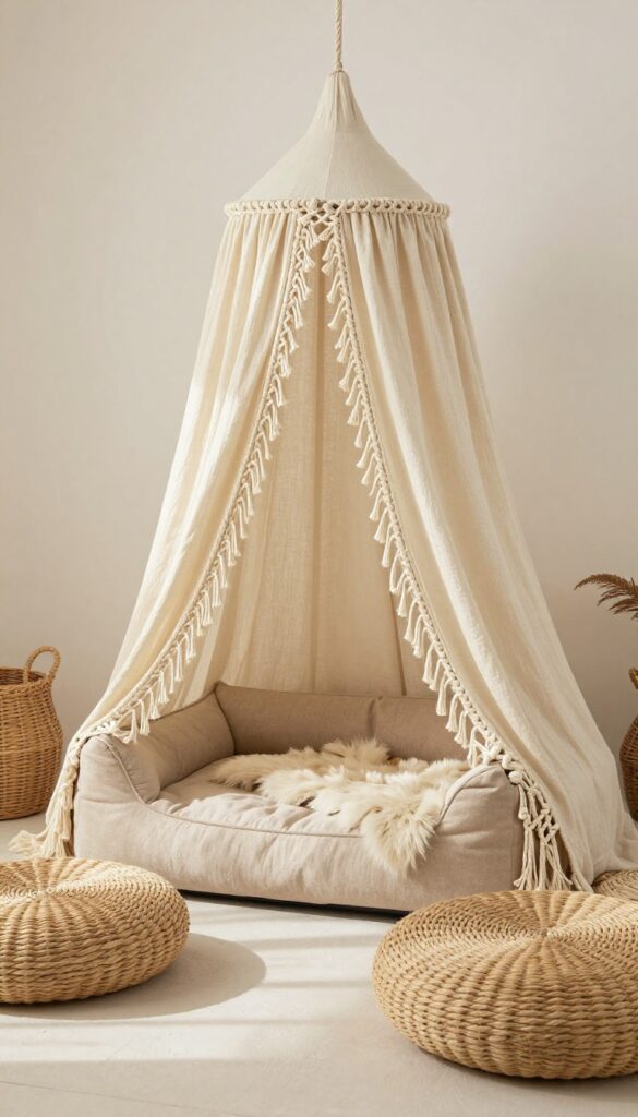 Boho macrame canopy dog bed in a bright room with natural light