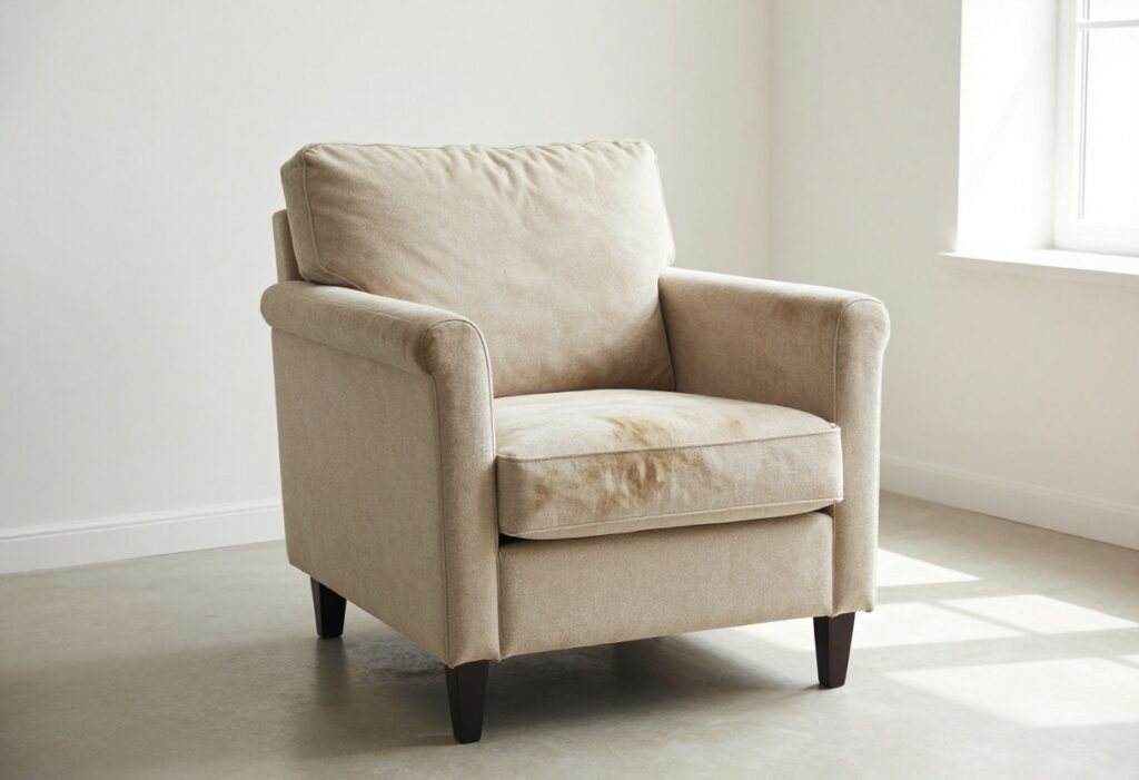 Before and after cleaning of an upholstered armchair, showing dirty fabric on one side and clean fabric on the other.