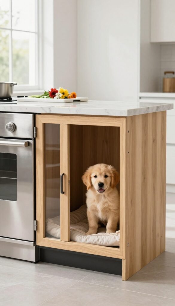 Kitchen island with built-in dog crate, dog peeking out