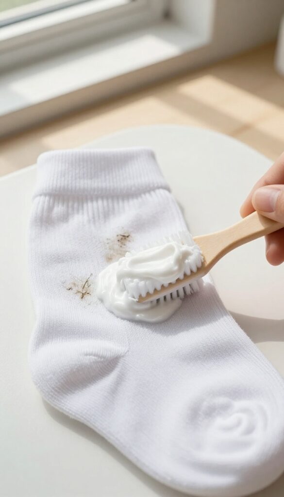 White sock with grass stain being treated with dish soap and oxygen bleach paste, bright natural light, clean composition