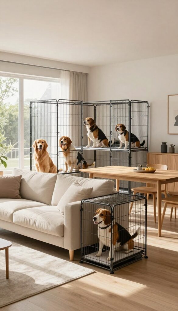 Modular wire kennel system used as a room divider in an open-concept living and dining area with dogs in separate compartments.