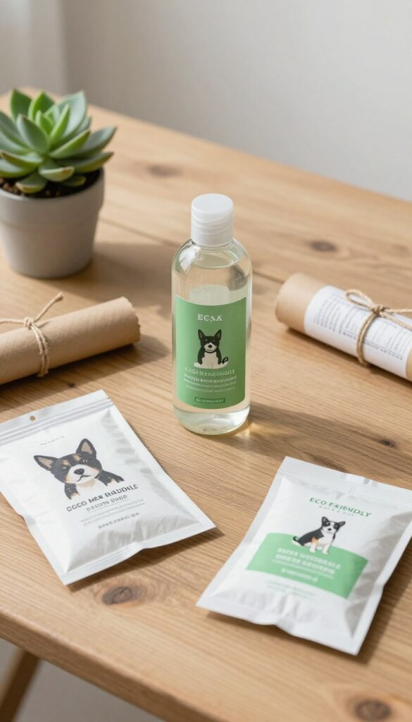Eco-friendly dog grooming products on a wooden table, including natural shampoo, biodegradable bags, and recycled paper invoice.