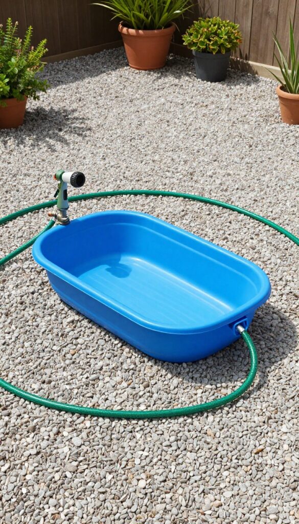 Backyard dog pool area with pea gravel and hose station