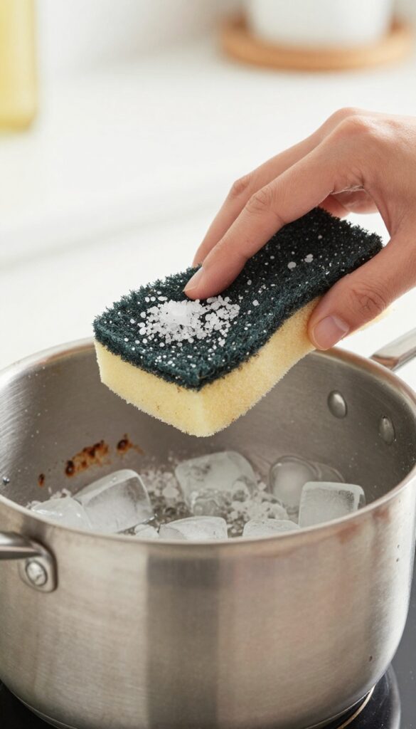 Salt and ice scrub cleaning a burnt stainless steel pot