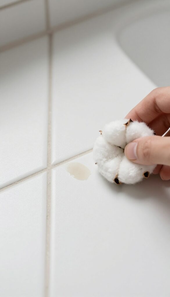 Cleaning tile grout with rubbing alcohol to remove ink stains