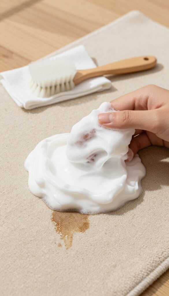 Applying shaving cream to a grease stain on a rug
