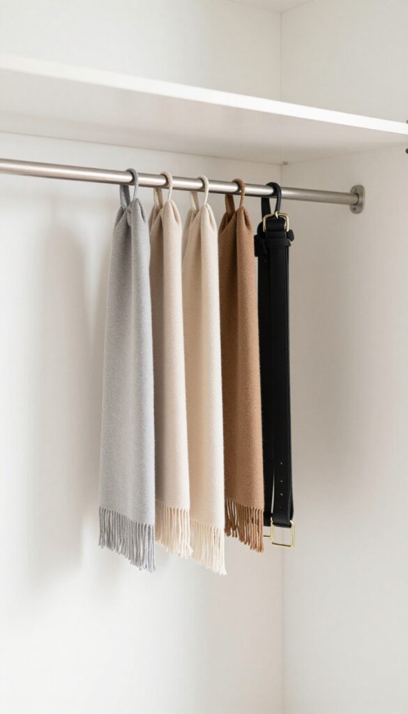 Tension rod under closet shelf holding scarves and belts, organized storage solution