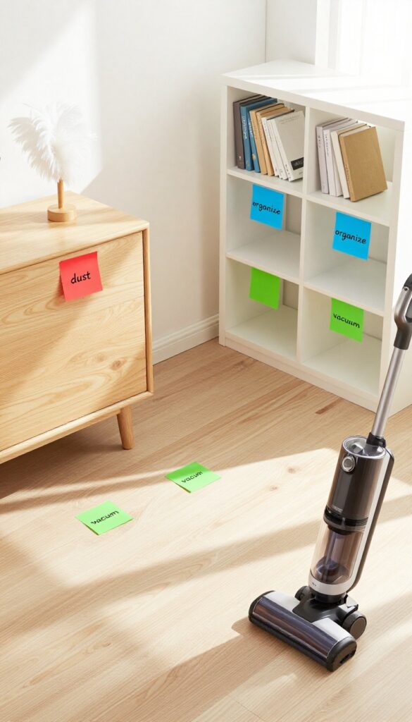 Color-coded cleaning system in a bright bedroom with sticky notes and cleaning tools