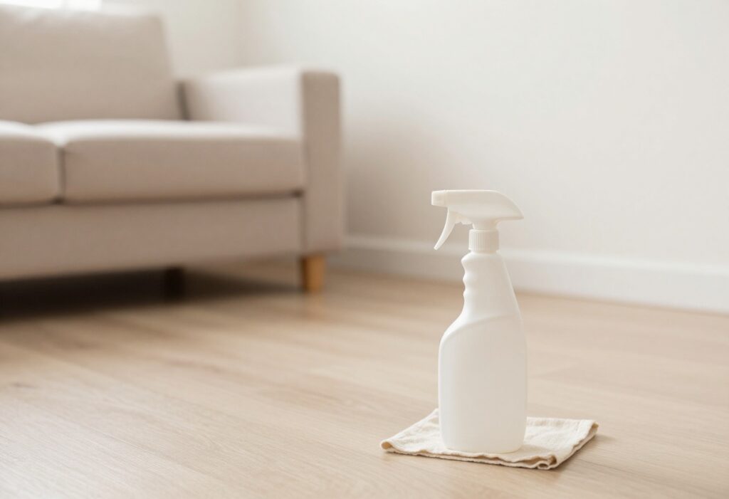 Cleaning a wall with a spray bottle and cloth, removing a stubborn mark.