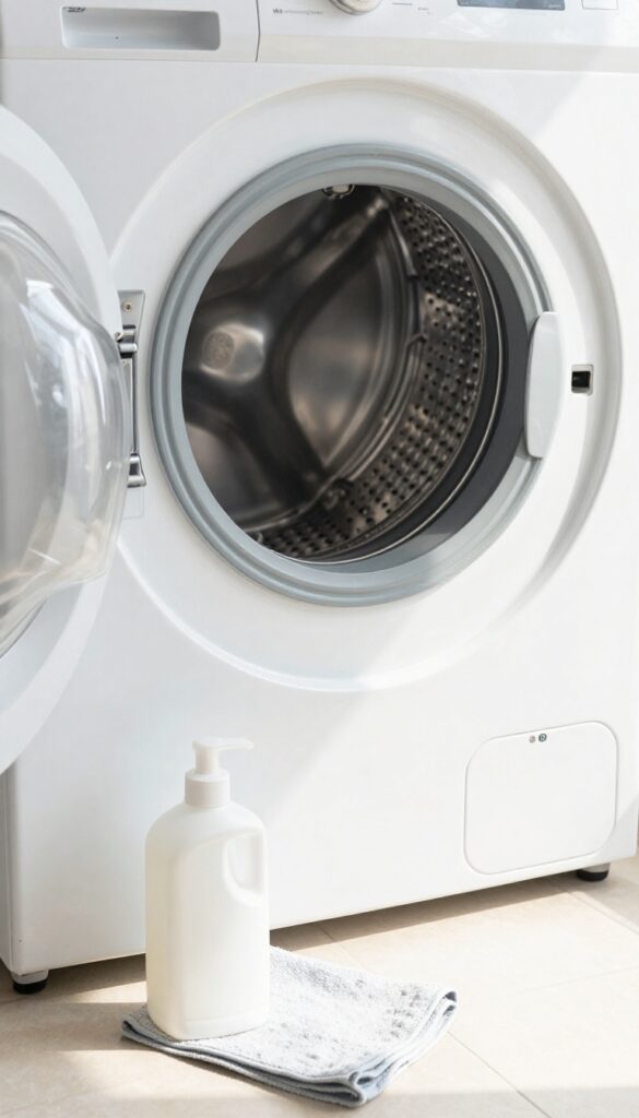 Open washing machine drum with vinegar bottle and cloth on floor