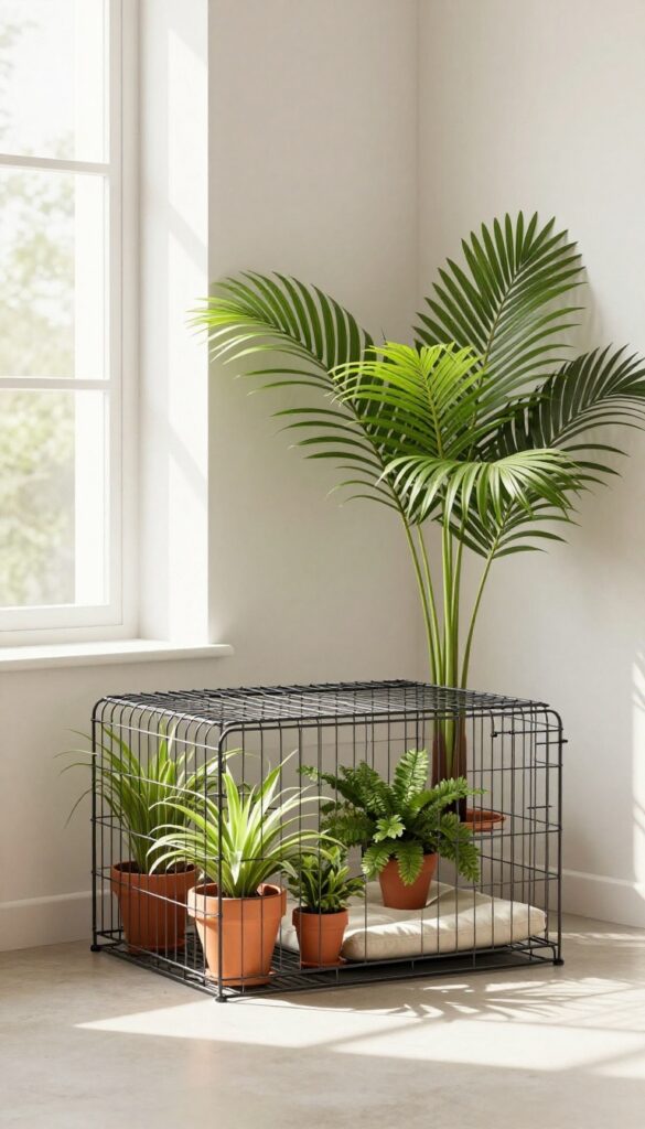 Dog crate decorated with pet-safe plants and greenery in a bright living room