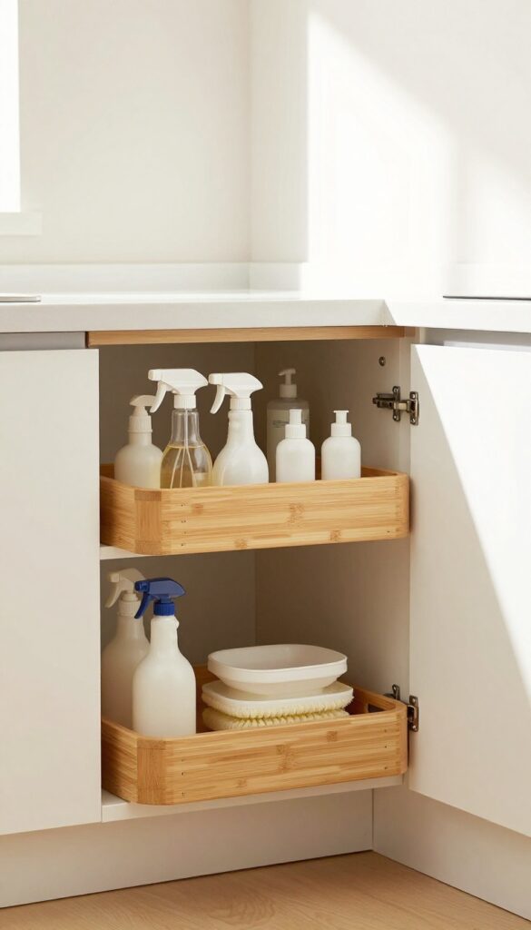 Open corner cabinet with a bamboo lazy Susan holding cleaning supplies