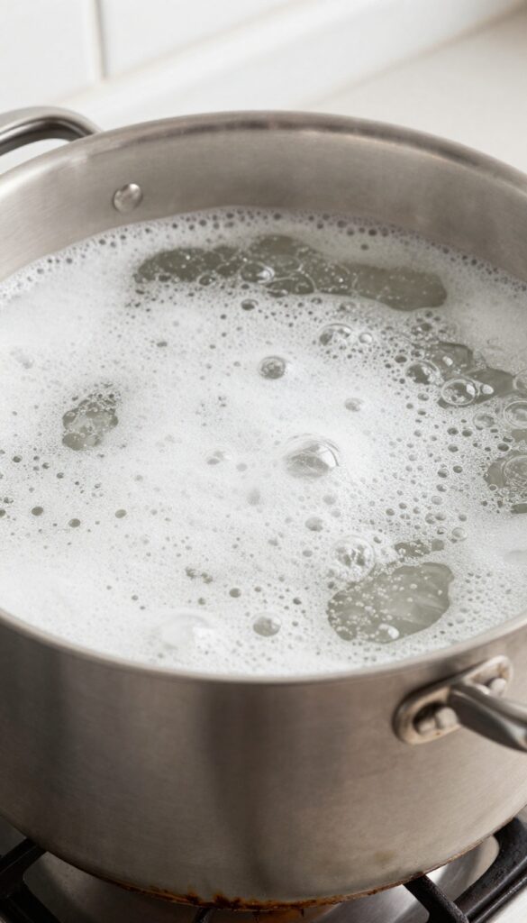 Boiling water and baking soda cleaning stove grates in a stockpot