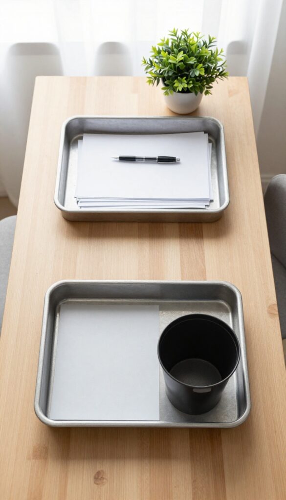 Two-tray desk organizer for incoming and outgoing paper workflow