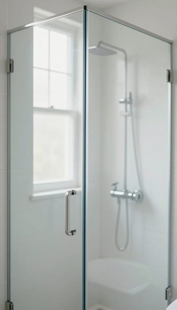 Clean glass shower door reflecting light, with a water softener unit visible in the background