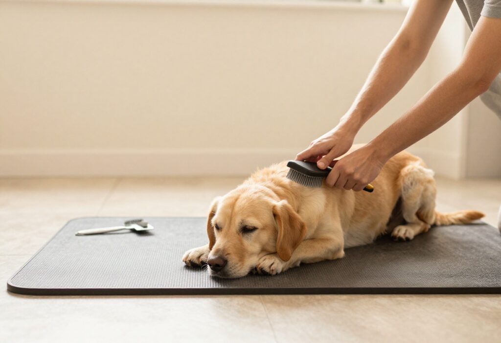 Person brushing a calm dog at home with grooming tools on a mat