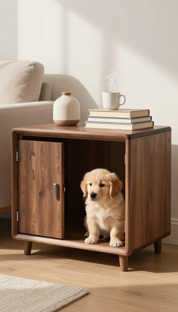 Furniture-style dog crate as a side table with lamp and books, dog peeking out, modern living room