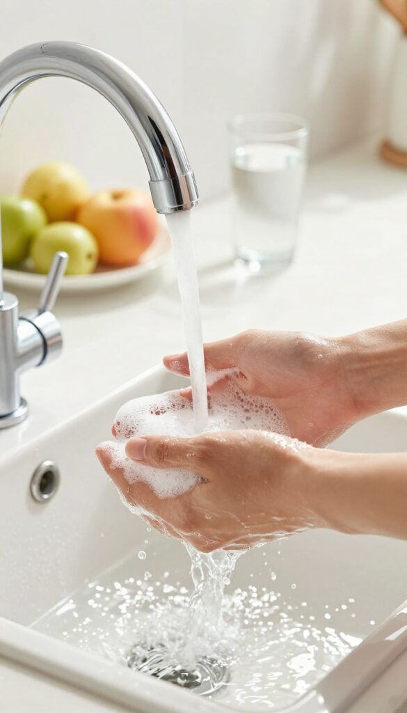 Hands washing under running water with soap bubbles in a bright kitchen
