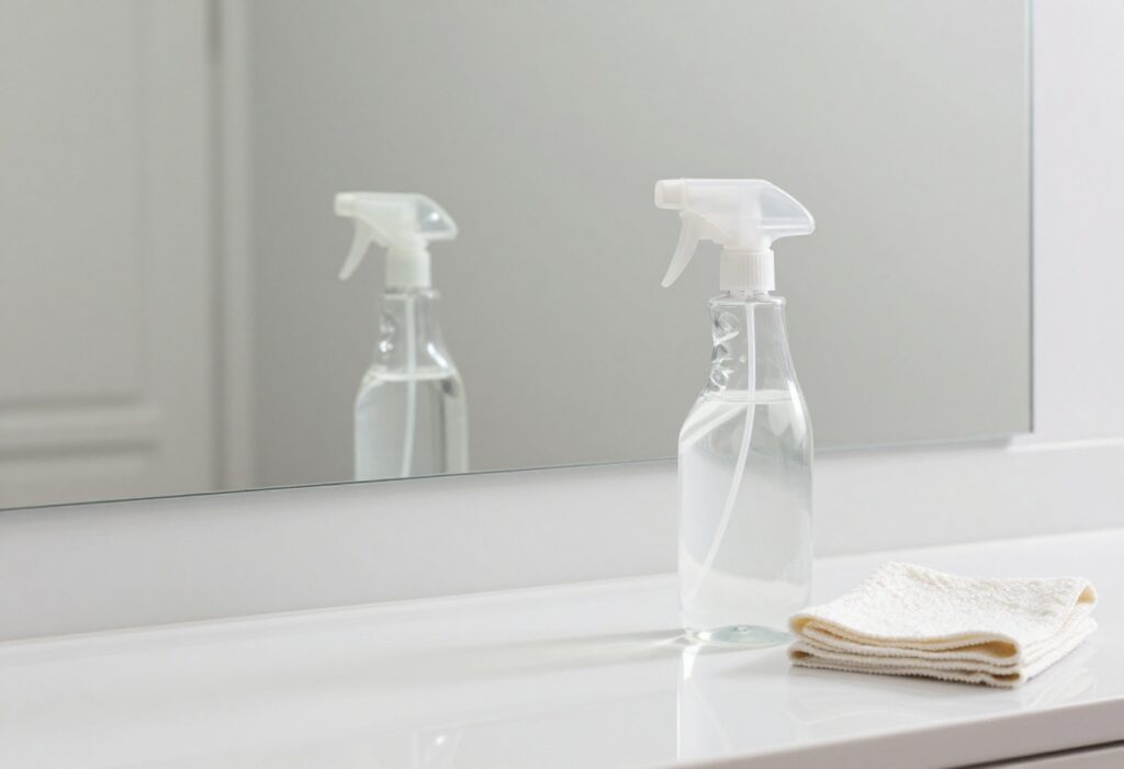 Clean mirror reflecting a bright room with cleaning supplies nearby